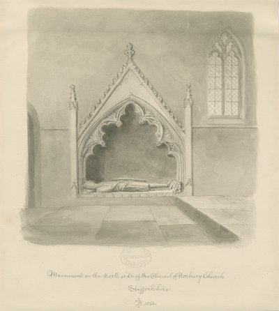 Kościół Norbury – Pomnik Ralpha le Botelera: rysunek w odcieniu sepii, 1843 autorstwa John Buckler