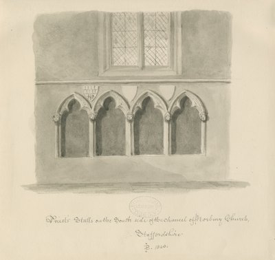 Norbury Church - Priests” – stragany: rysunek rozmyty w sepii, 1843 autorstwa John Buckler