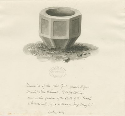 Stara czcionka z kościoła w Mucklestone: rysunek w odcieniu sepii, czerwiec 1843 (rysunek) autorstwa John Buckler