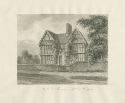 Patshull - Old Mansion at Boningale: rysunek w kolorze sepii, 1847 autorstwa John Buckler