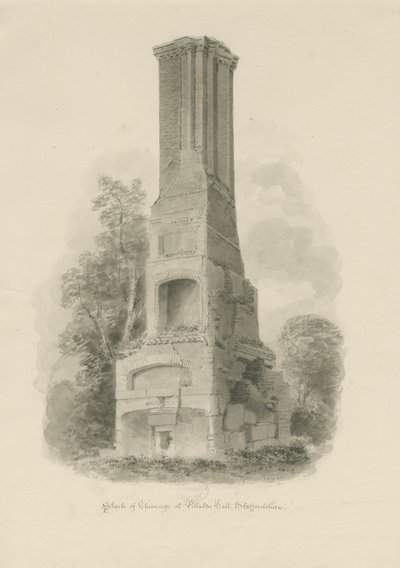 Pillaton Hall - kominek kuchenny: sepia rysunek (winietowany), bd [1841] (rysunek) autorstwa John Buckler
