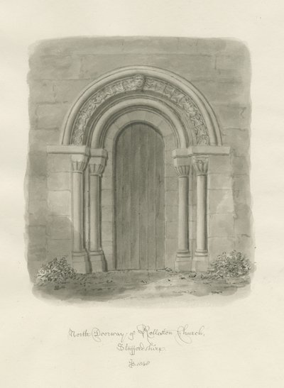 Rolleston Church - North Doorway: rysunek w sepii autorstwa John Buckler