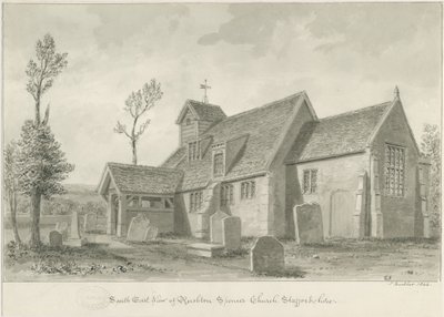 Rushton Spencer Church: rysunek rozmyty w sepii, 1844 autorstwa John Buckler