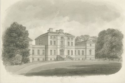 Sandon Hall: rysunek w sepii (winietowany) autorstwa John Buckler