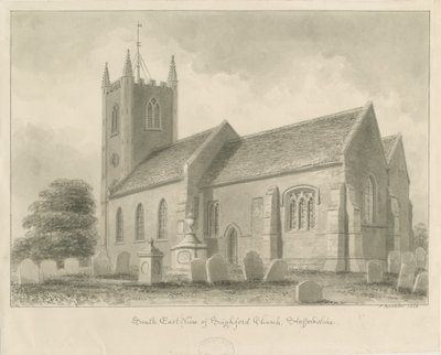 Kościół Seighford: rysunek w odcieniu sepii, 1842 autorstwa John Buckler