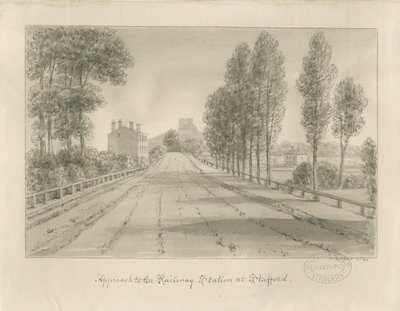 Stafford - Podejście do dworca kolejowego: rysunek w sepii autorstwa John Buckler