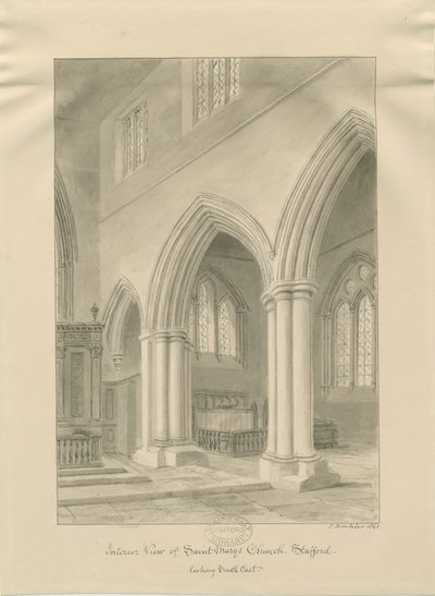Stafford - Wnętrze kościoła Mariackiego: rysunek w sepii, 1841 r. autorstwa John Buckler