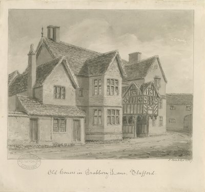 Stafford - Old Houses in Crabbery Lane: rysunek w sepii autorstwa John Buckler