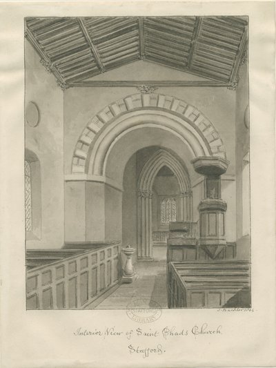 Stafford - Kościół św. Czada: rysunek w sepii, 1844 r. autorstwa John Buckler