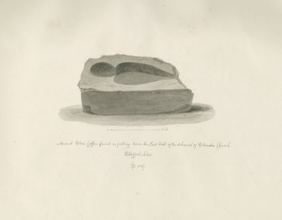 Kościół Standon: Starożytna kamienna trumna: rysunek w sepii, 1847 r. autorstwa John Buckler