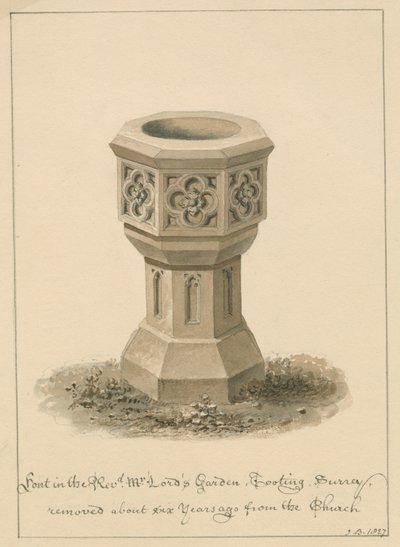 Surrey - Tooting - Czcionka w Revd. Ogród Pana Pana: rysunek w sepii, 1827 autorstwa John Buckler