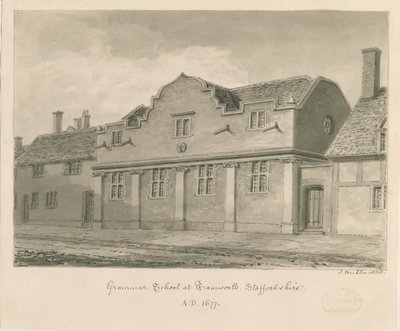 Tamworth - Grammar School: rysunek w sepii, 1838 autorstwa John Buckler