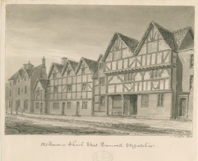 Tamworth - Old Houses in Church Street: rysunek rozmyty w sepii, 1838 r. autorstwa John Buckler