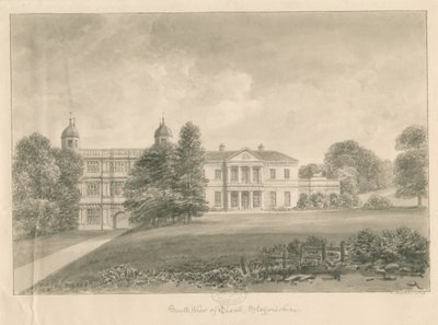 Tixall Hall i Gatehouse: rysunek rozmyty w sepii, 1842 autorstwa John Buckler