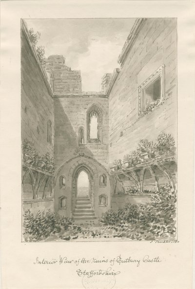 Zamek Tutbury - Wnętrze ruin: rysunek w kolorze sepii autorstwa John Buckler