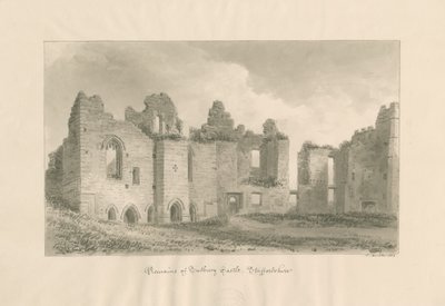 Zamek Tutbury - Pozostałości z wewnętrznego dziedzińca: rysunek rozmyty w sepii, 1812 autorstwa John Buckler
