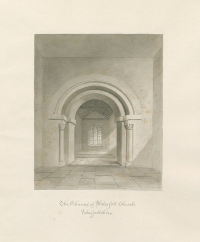 Kościół Wodospadowy - Wnętrze Prezbiterium: rysunek w sepii, 1847 autorstwa John Buckler