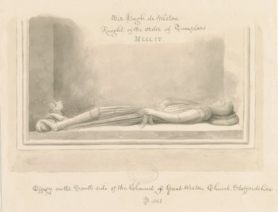 Weston-under-Lizard Church - Wizerunek Sir Hugh de Westona: rysunek w sepii, 1842 autorstwa John Buckler