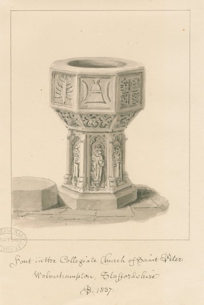 Wolverhampton - Czcionka w kościele św. Piotra: rysunek w sepii, 1837 autorstwa John Buckler