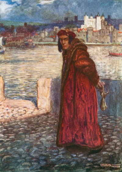 "Zanurz myśli w mojej duszy! Here Clarence Comes". Ryszard III - Akt I, Scena 1 (kolorowa litografia) autorstwa John Byam Liston Shaw