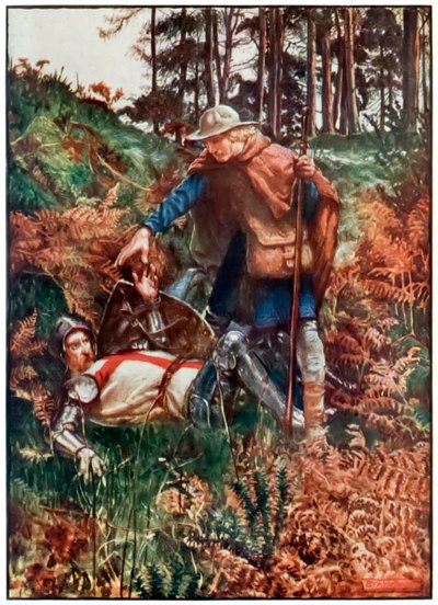 Wierny pomaga Christianowi podnieść się po jego upadku z The Pielgrzym Postępy z tego świata, do tego, który ma nadejść John Bunyan (1628-1688) Ilustracja Byama Shawa (1872-1919) przedstawiająca chrześcijańską istotę autorstwa John Byam Liston Shaw