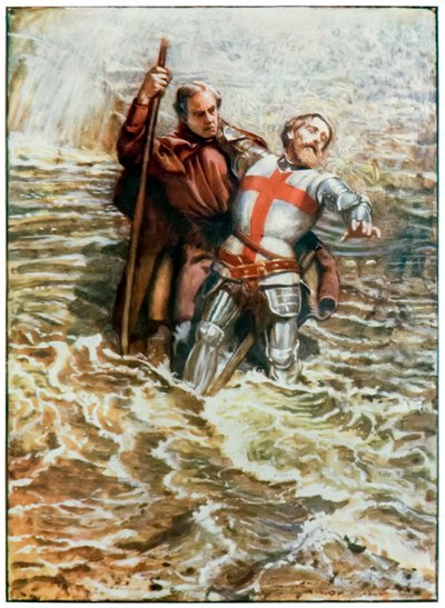 Nadzieja pomaga Christianowi przejść przez rzekę z „Postępu pielgrzymów z tego świata, do tego, który ma nadejść” John Bunyan (1628-1688) Ilustracja Byam Shaw (1872-1919), pielgrzymi przekraczają autorstwa John Byam Liston Shaw