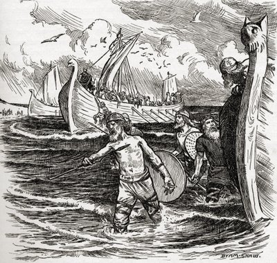 Lądowanie jutów na wyspie Thanet, Kent, Anglia, 449 r., z książki „Kościół anglikański: historia dla ludu”, wydanej ok. 1910 r. autorstwa John Byam Liston Shaw