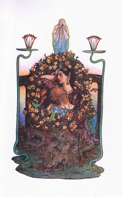 Ogród przy moście, ilustracja z Ogrodu Kama (i inne teksty z Indii), 1920 autorstwa John Byam Liston Shaw