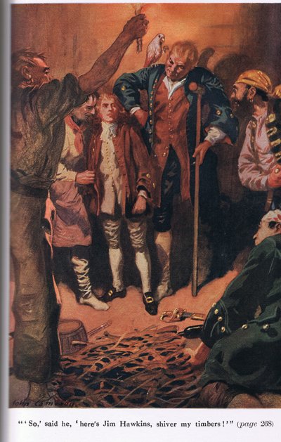 Więc powiedział: Oto Jim Hawkins, drżyjcie, ilustracja z "Wyspy skarbów" Roberta Louisa Stevensona. autorstwa John Cameron