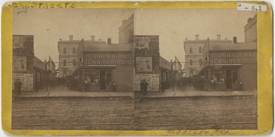 Widok sklepu John R. Walsh Periodicals na Madison Street w Chicago z Urzędem Pocztowym w tle, 1869 autorstwa John Carbutt