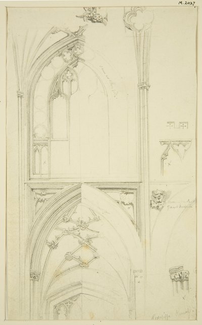 Szczegóły maswerku okna Clerestory i sklepienia nawy bocznej poniżej, w St Mary Redcliffe (ołówek i akwarela na papierze) autorstwa John Carter