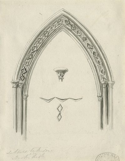 Wnętrze katedry w Lichfield - łuk w nawie północnej: rysunek w sepii, nd [?XIX wiek] (rysunek) autorstwa John Carter