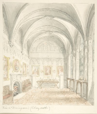 Zamek Lea, Worcestershire, Jadalnia od strony południowej, ca. 1816. autorstwa John Carter.