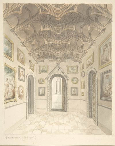 Zamek Lea, Worcestershire, Pokój Obrazów, Patrząc na Zachód, ca. 1816. autorstwa John Carter.