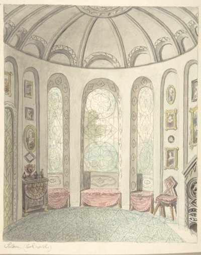 Zamek Lea, Worcestershire, Saloon, Patrząc na północ, ca. 1816. autorstwa John Carter.