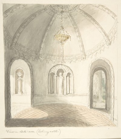 Zamek Lea, Worcestershire, Widok w przedpokoju, patrząc na północ, ca. 1816. autorstwa John Carter.