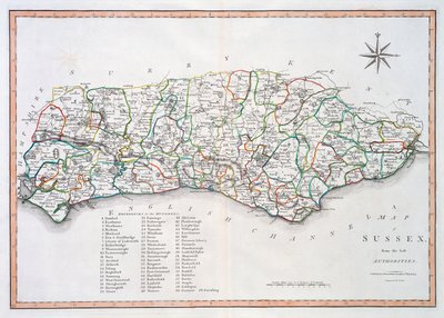 Mapa Sussex, 26 marca 1805 (ręcznie kolorowane grawerowanie) autorstwa John Cary