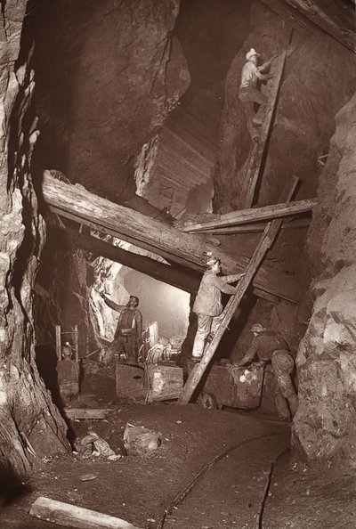 180 w kopalni East Pool, ilustracja z „Mongst mines and miners, czyli Underground Scenes by Flash-Light” J.C. Burrowsa i Williama Thomasa, wyd. 1893 (zdjęcie w sepii) autorstwa John Charles Burrow