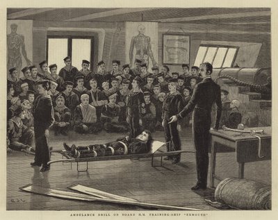 Wiertarka pogotowia ratunkowego na pokładzie statku szkoleniowego HM Exmouth autorstwa John Charles Dollman