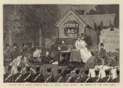Witamy w domu generała Sir E Wooda w Belhus, Essex, czytającego adres w bramie parku autorstwa John Charles Dollman