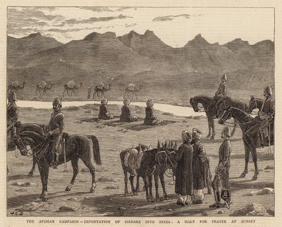 Kampania afgańska, deportacja Sirdarów do Indii, postój na modlitwę o zachodzie słońca autorstwa John Charles Dollman