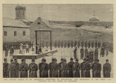 Procesy nihilistyczne w Petersburgu, egzekucja Kwatkowskiego i Presniakowa w Twierdzy Piotra Pawła w dniu 5 listopada 1880 r. autorstwa John Charles Dollman