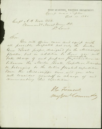 List podpisany J.C. Fremont, dowódca generała dywizji, kwatera główna, departament zachodni, obóz w pobliżu Tipton, do kapitana A.H. Foote