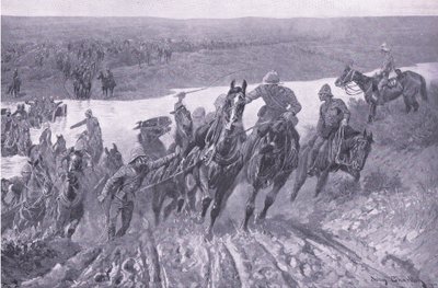 Artyleria fordująca kaledon w Kareepoort Drift, ilustracja z filmu After Pretoria: The Guerilla War, 1902 autorstwa John Charlton