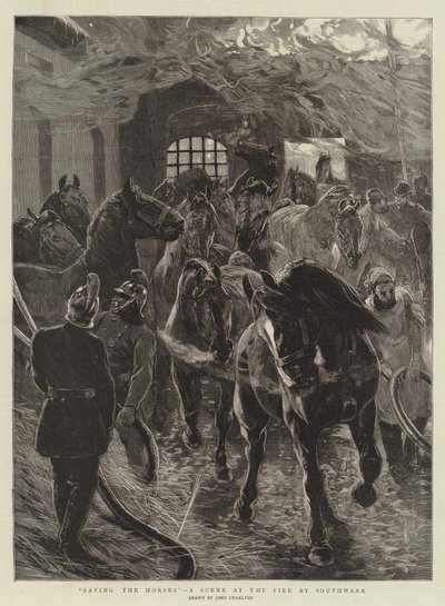 Ratowanie koni, scena z pożaru w Southwark autorstwa John Charlton
