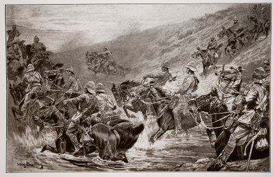 The Dash for Kimberley - 10th Hussars Crossing Klip Drift, według szkicu G.D. Gilesa (fl.1890) autorstwa John Charlton
