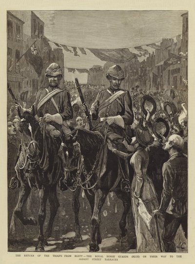 Powrót wojsk z Egiptu, Królewska Gwardia Konna (niebieska) w drodze do koszar przy Albany Street autorstwa John Charlton