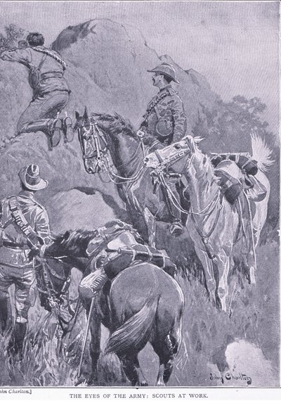 Oczy armii, zwiadowcy przy pracy, z After Pretoria: The Guerilla War wydanego przez Harmsworth Bros Limited, 1901 autorstwa John Charlton