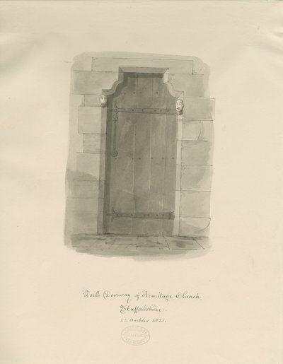 Kościół Armitage - North Doorway: rysunek w sepii autorstwa John Chessell Buckler