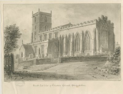 Checkley Church: rysunek w sepii autorstwa John Chessell Buckler